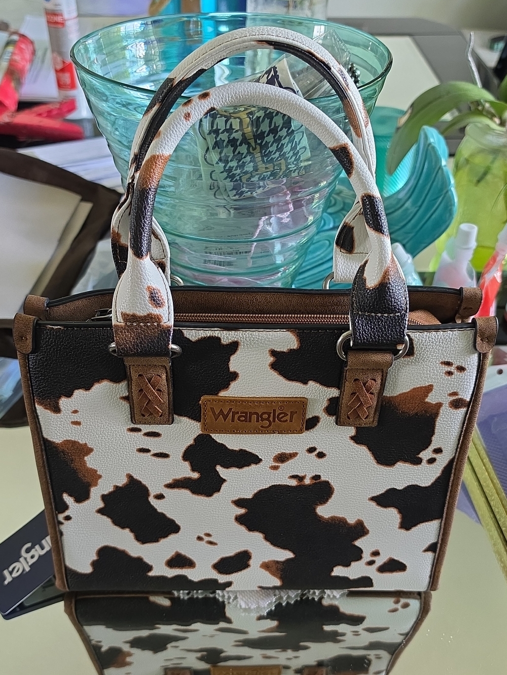Wrangler Brown & White Cowhide Print Satchel With Detachable Crossbody Strap